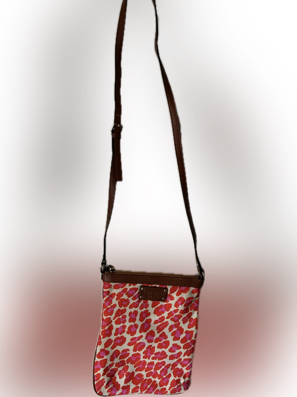 Rarevintage Kate Spade Ny Pink Orange Leopard Print Crossbody Nylon Leather Trim